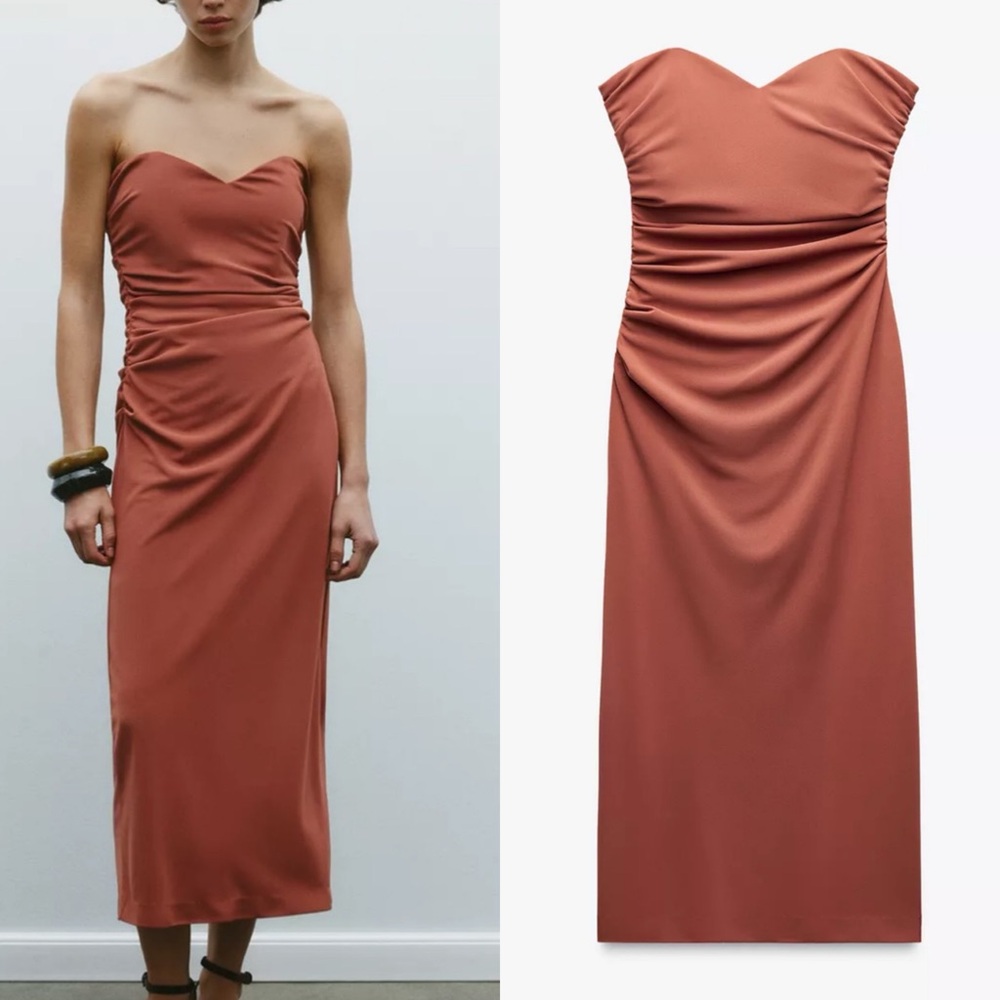 Zara NWT sweetheart neck ruched draped strapless midi fitted dress - Picture 1 of 9